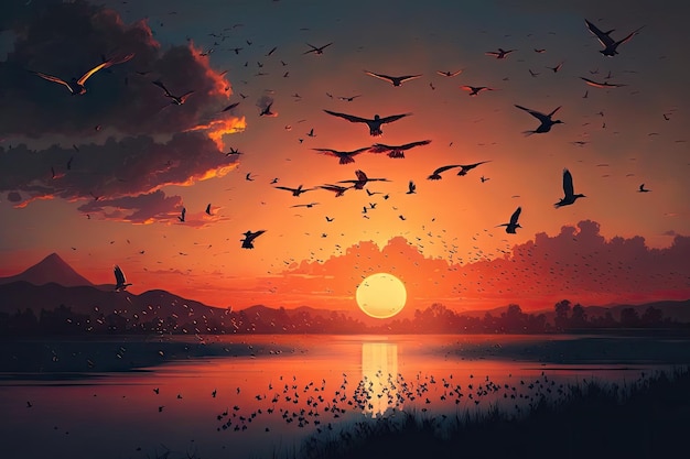 Sunset with a flock of birds flying above the horizon created with generative ai