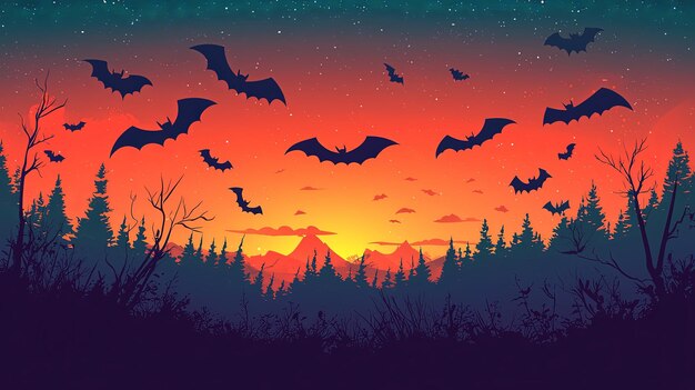 Photo sunset with fluttering bats in dark serene forest