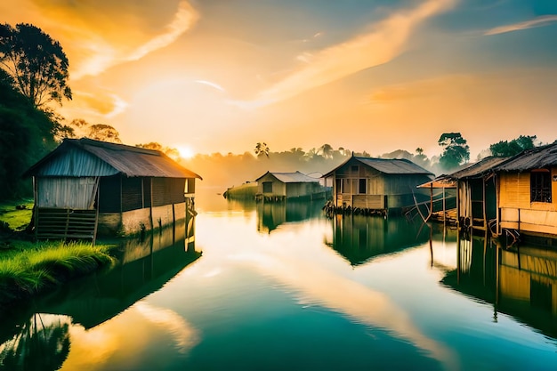 a sunset with houses on the water