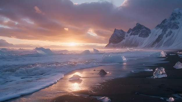 Photo a sunset with ice and snow on the beach