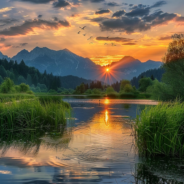 Photo a sunset with a lake and birds flying over it