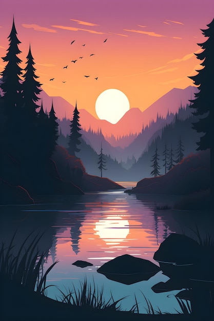 A sunset with a lake and mountains in the background