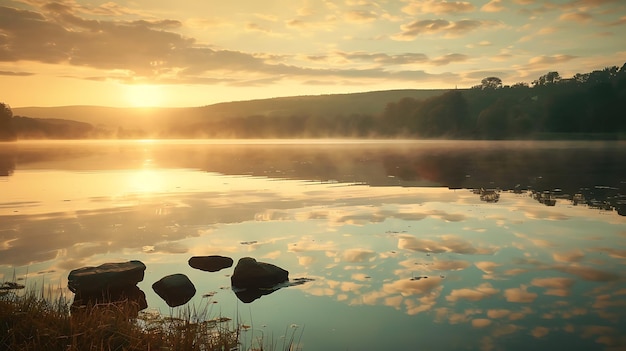 Photo a sunset with a lake and rocks in the foreground