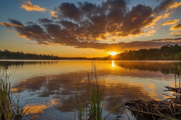 Photo a sunset with a lake and the sun setting behind it