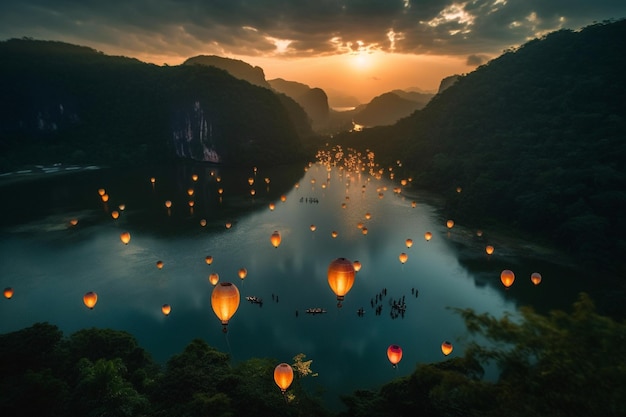 A sunset with lanterns floating in the water