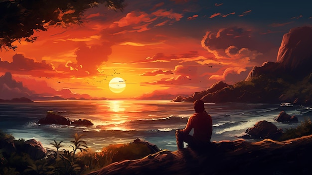 a sunset with a man sitting by a fire and a mountain in the background