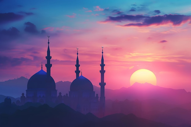 a sunset with a mosque in the background