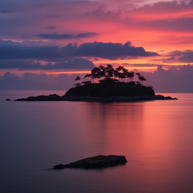 Photo a sunset with a mountain in the background and a pink sunset in the sky