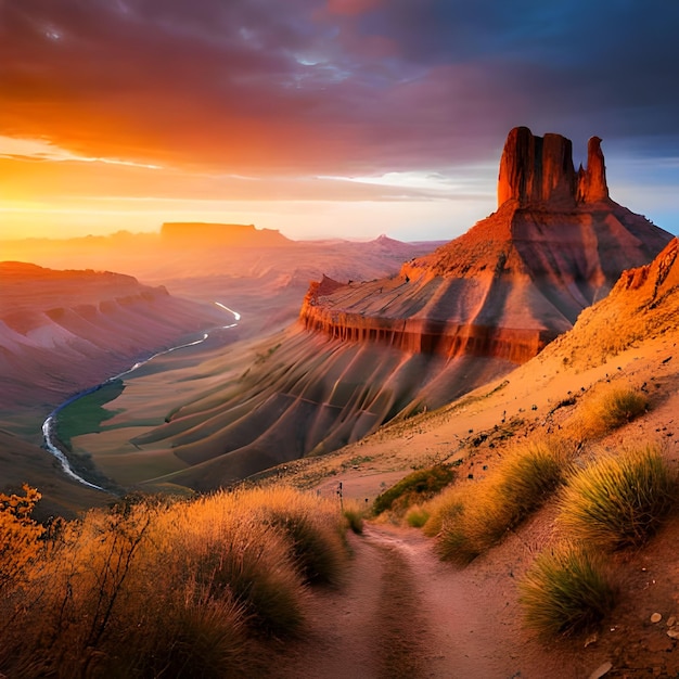 A sunset with a mountain in the background