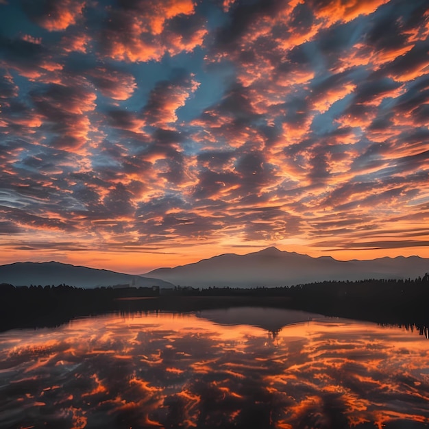 A sunset with a mountain in the background