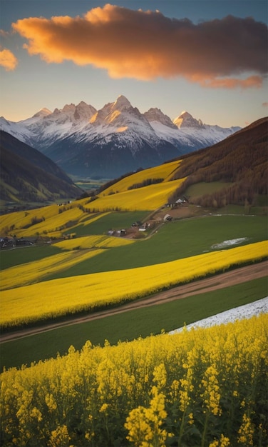 a sunset with a mountain view and a field of yellow flowers