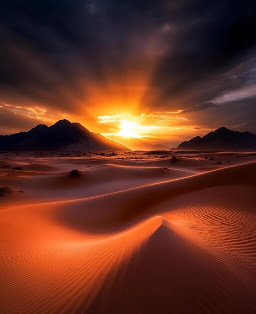 Photo a sunset with mountains in the background and a mountain range in the background