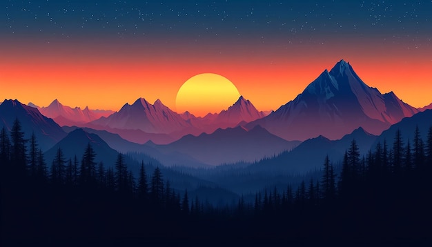 a sunset with mountains in the background and a sunset in the background