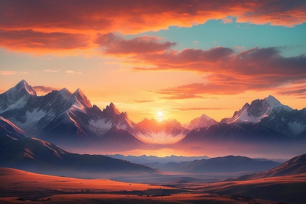 A sunset with mountains in the background