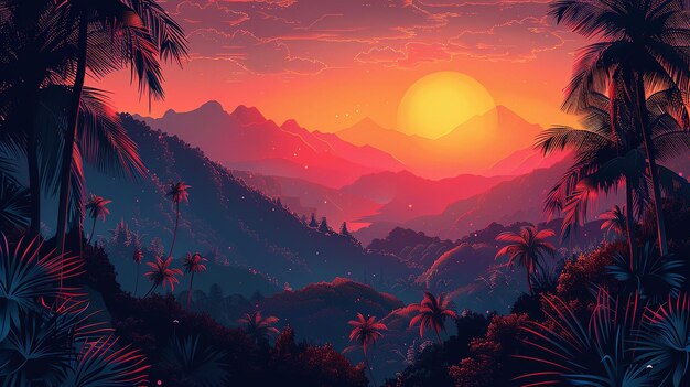 a sunset with mountains in the background