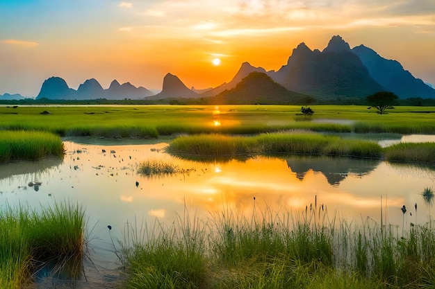 A sunset with mountains in the background