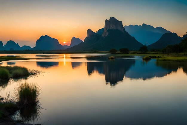 a sunset with mountains in the background