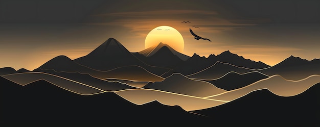 Photo sunset with mountains and birds flying over the desert