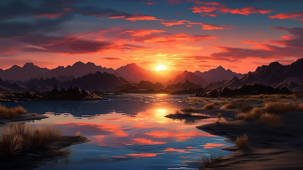 a sunset with mountains and a lake with mountains in the background