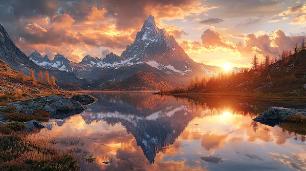 Photo a sunset with mountains and a lake