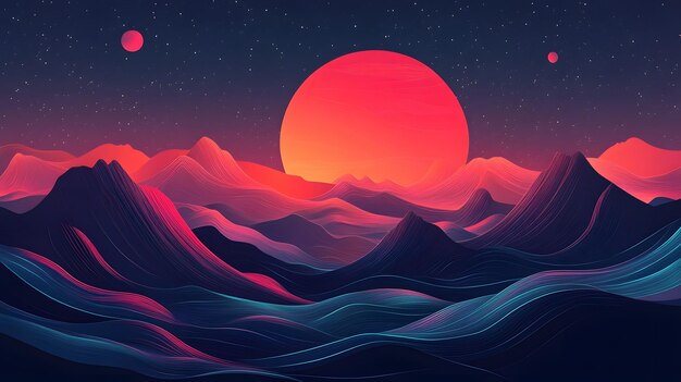 Photo a sunset with mountains and a red moon