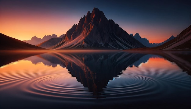 A sunset with mountains reflected in the water