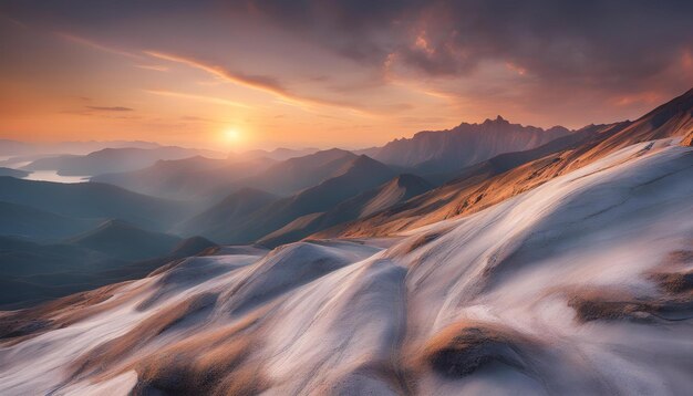 a sunset with mountains and snow on the top