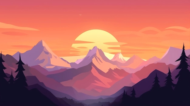 A sunset with mountains and a sunset in the background.