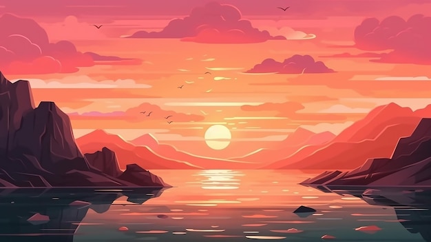 A sunset with mountains and a sunset in the background