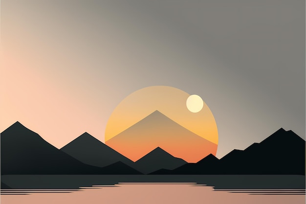 A sunset with mountains and a sunset on the horizon.