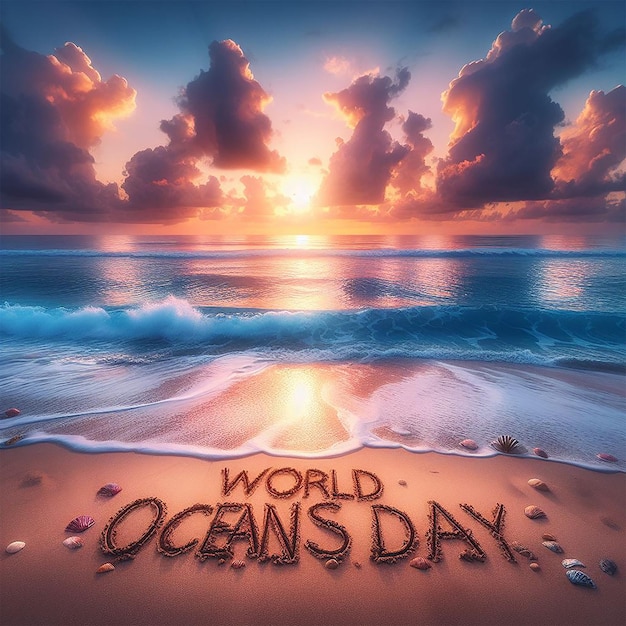 Photo a sunset with the ocean and the world oceans day written on the beach