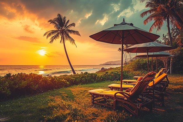 a sunset with a palm tree and a beach chair