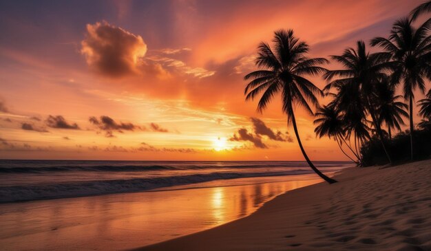 a sunset with a palm tree on the beach