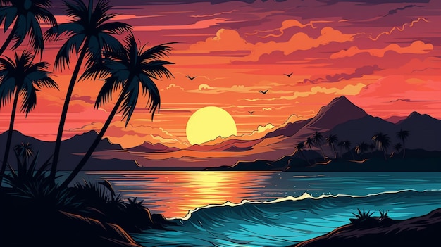 a sunset with a palm tree and the sun setting over the ocean