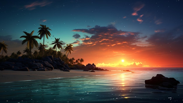 a sunset with palm trees and a beach scene