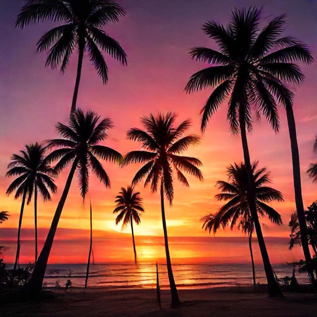 a sunset with palm trees on the beach and the sun setting behind them