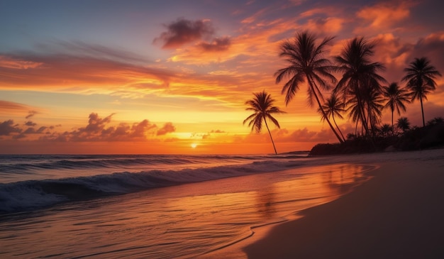 a sunset with palm trees on the beach and the sun setting behind them