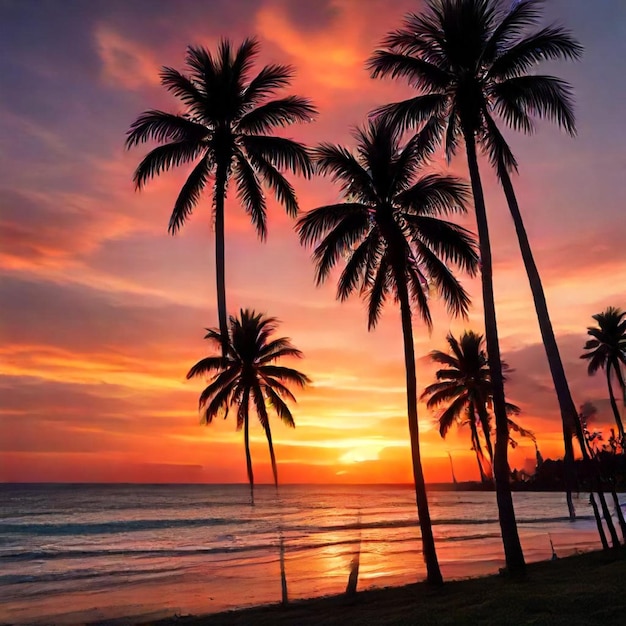 a sunset with palm trees on the beach and a sunset in the background