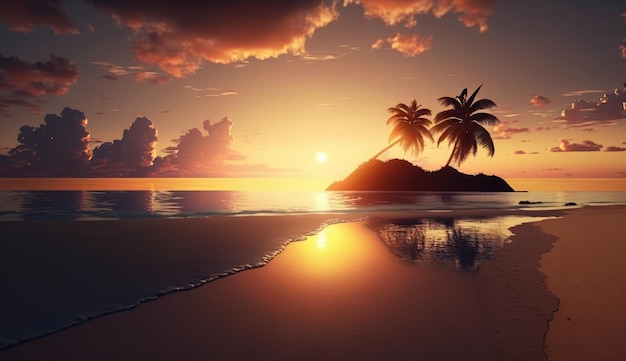 A sunset with palm trees on the beach