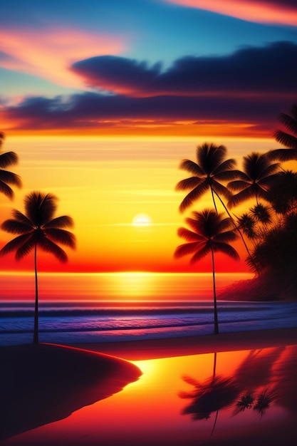 A sunset with palm trees on the beach