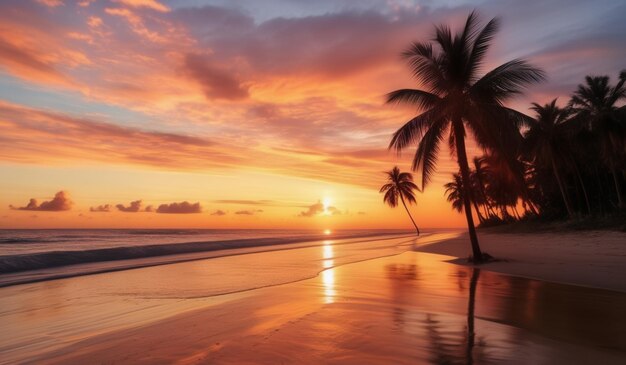 a sunset with palm trees on the beach