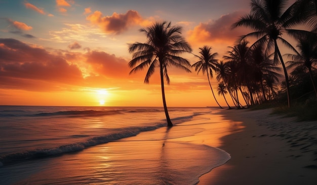 a sunset with palm trees on the beach