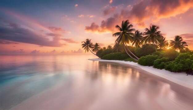 a sunset with palm trees and a beautiful sunset