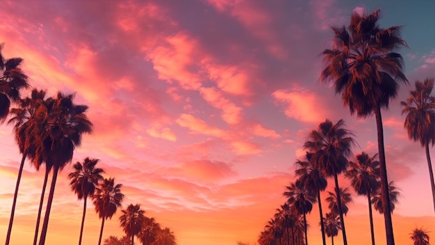 A sunset with palm trees in the foreground and a pink sky with clouds.