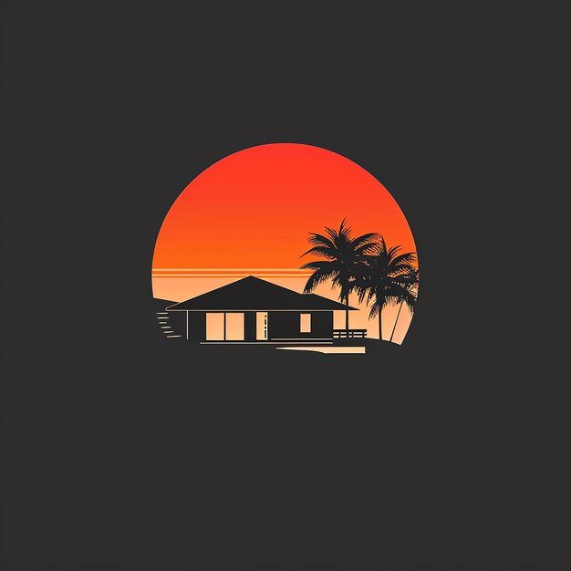 a sunset with palm trees and a house on the beach