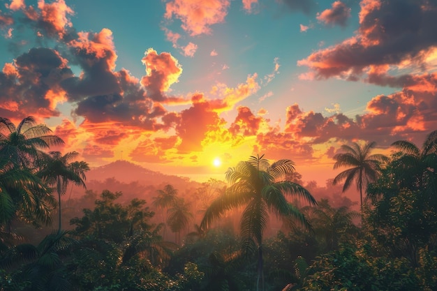 Photo a sunset with palm trees and a river stunning sunset over lush tropical rainforest