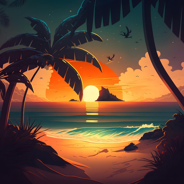 A sunset with palm trees and the sun on the horizon