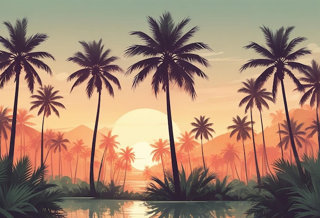 a sunset with palm trees and a sunset in the background