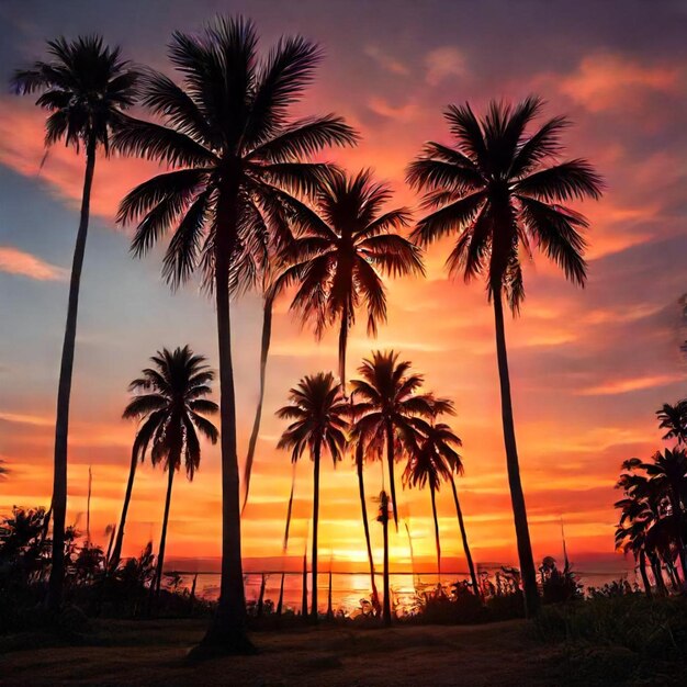 a sunset with palm trees and a sunset in the background