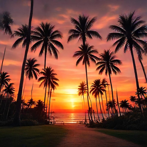 a sunset with palm trees and a sunset in the background